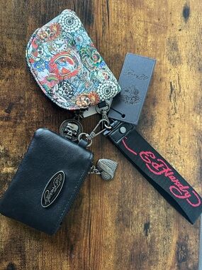 Ed Hardy Black 3 Piece Multicolor Tattoo-Print Pouch & Wristlet Keychain Set NWT